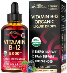 NUTRAHARMONY B12 drops bottle front with berry flavor for energy support.