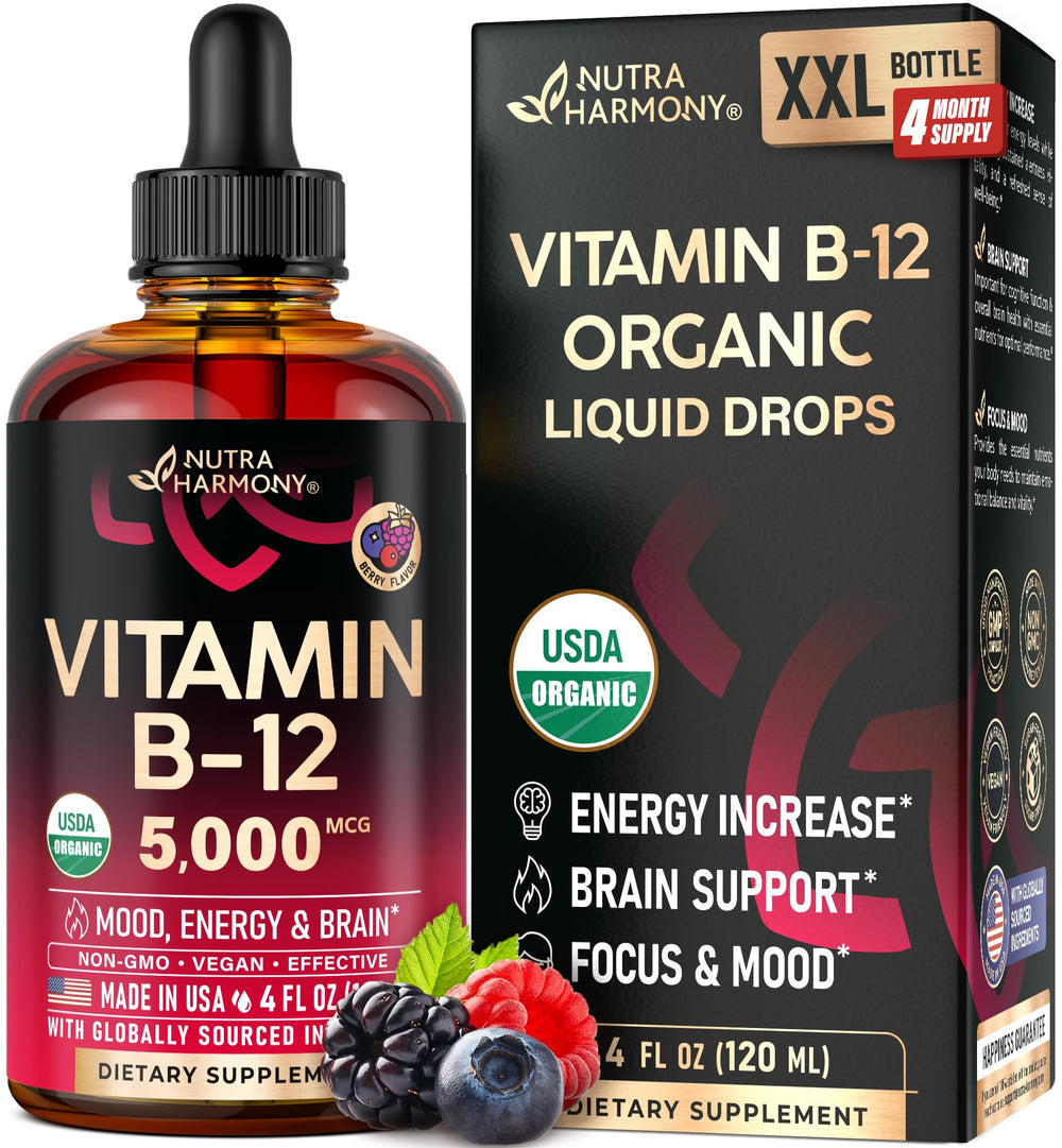 NutraHarmony B12 drops bottle shows vegan energy support.
