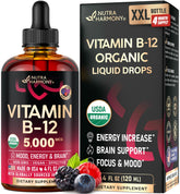 NutraHarmony B12 drops bottle shows vegan energy support.