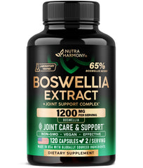 NutraHarmony Boswellia 1200mg capsules bottle highlighting joint support and mobility benefits.