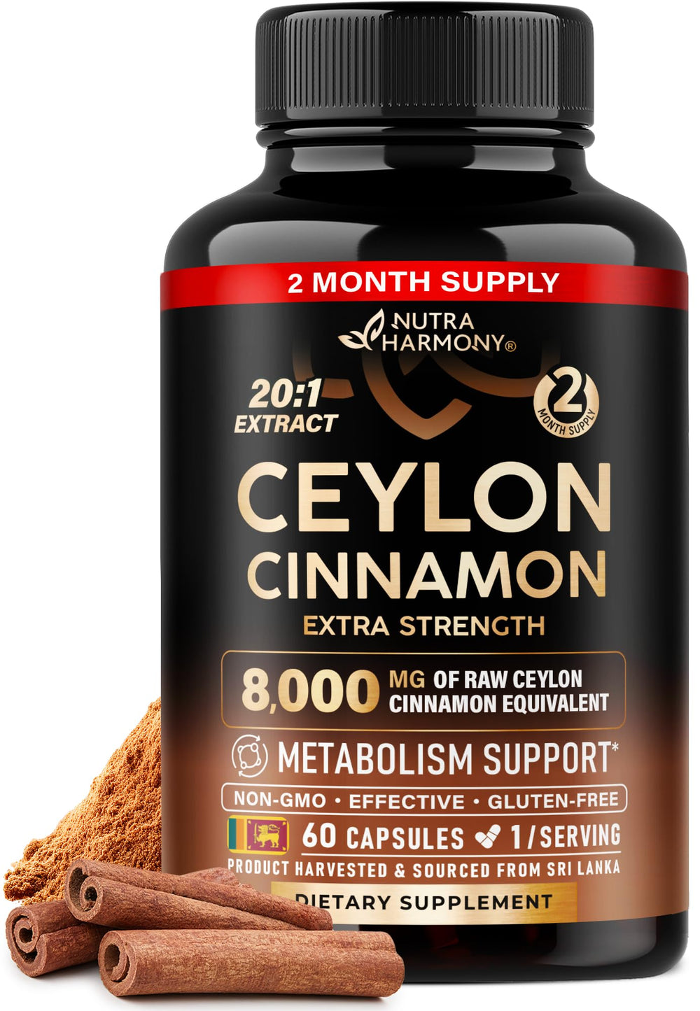 NUTRAHARMONY Ceylon Cinnamon capsules bottle supports daily energy and metabolism.