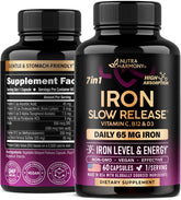 NutraHarmony iron 65mg bottle close-up with capsules, gentle on stomach.