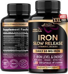 NUTRAHARMONY Iron capsules bottle closeup, highlighting easy-to-swallow capsules for daily energy support.