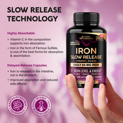 NUTRAHARMONY Iron capsules being poured, illustrating convenience for daily routines.
