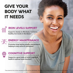 NUTRAHARMONY Iron capsules label, emphasizing ferrous sulfate 325 mg and digestion-friendly formula.