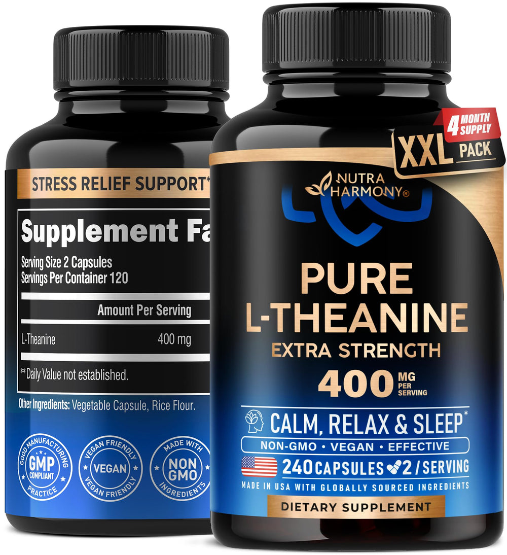 Nutraharmony L-Theanine 400mg bottle promotes calm focus for daily routines.