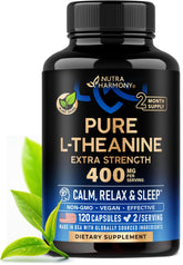 NUTRAHARMONY L-Theanine 400mg bottle promotes calm energy and focused mood.