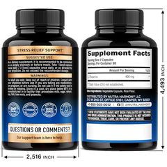 NUTRAHARMONY L-Theanine capsules close-up highlighting vegan, gluten-free formulation.