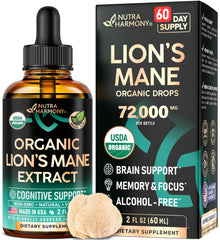 NutraHarmony Lions Mane Liquid bottle for natural cognitive support and daily focus.