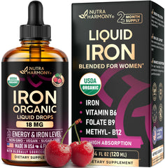 NutraHarmony liquid iron drops bottle with cherry flavor for steady energy.