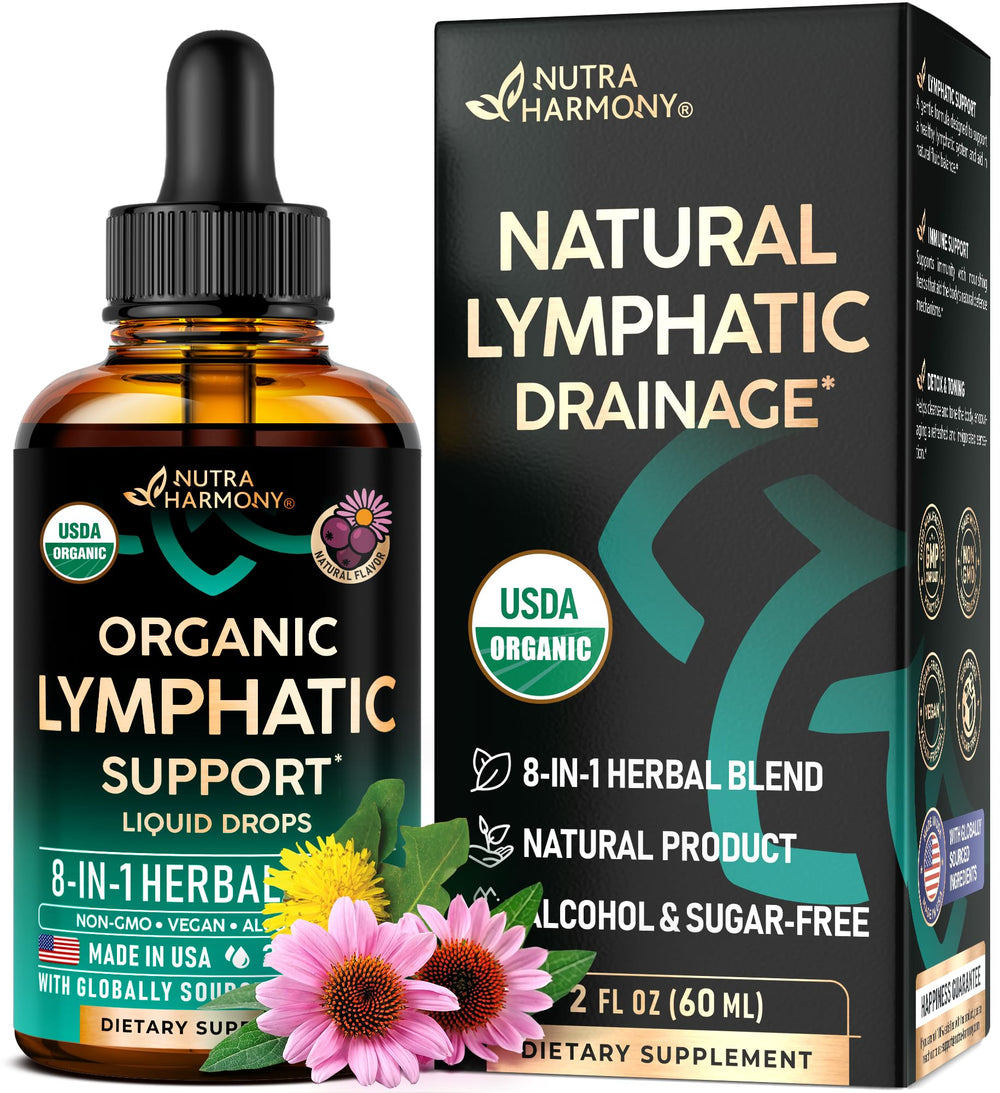 NutraHarmony Lymph Drops bottle shows organic formula for gentle detox support