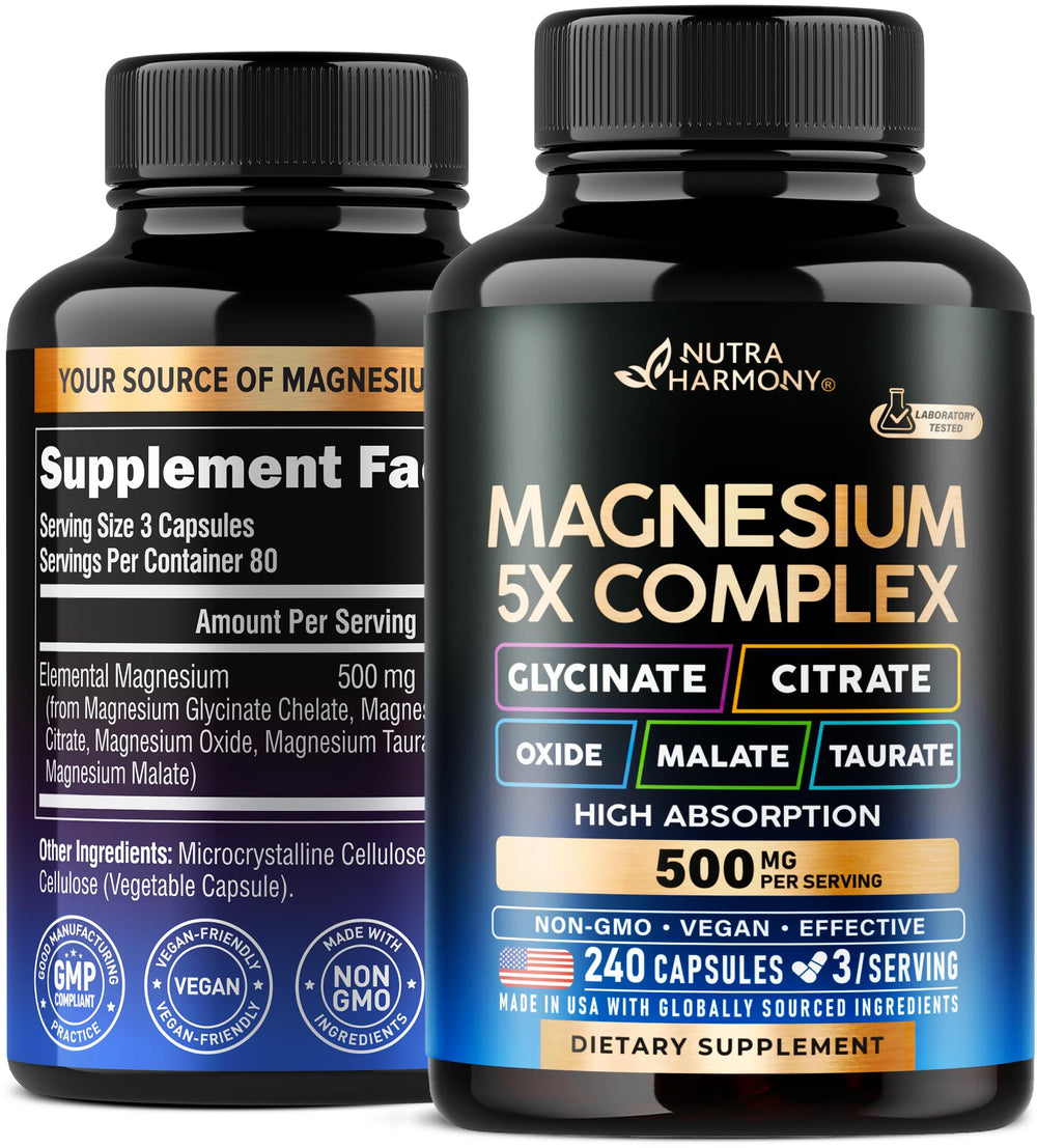 NUTRAHARMONY Magnesium 5in1 bottle supports daily wellness with a clean label.