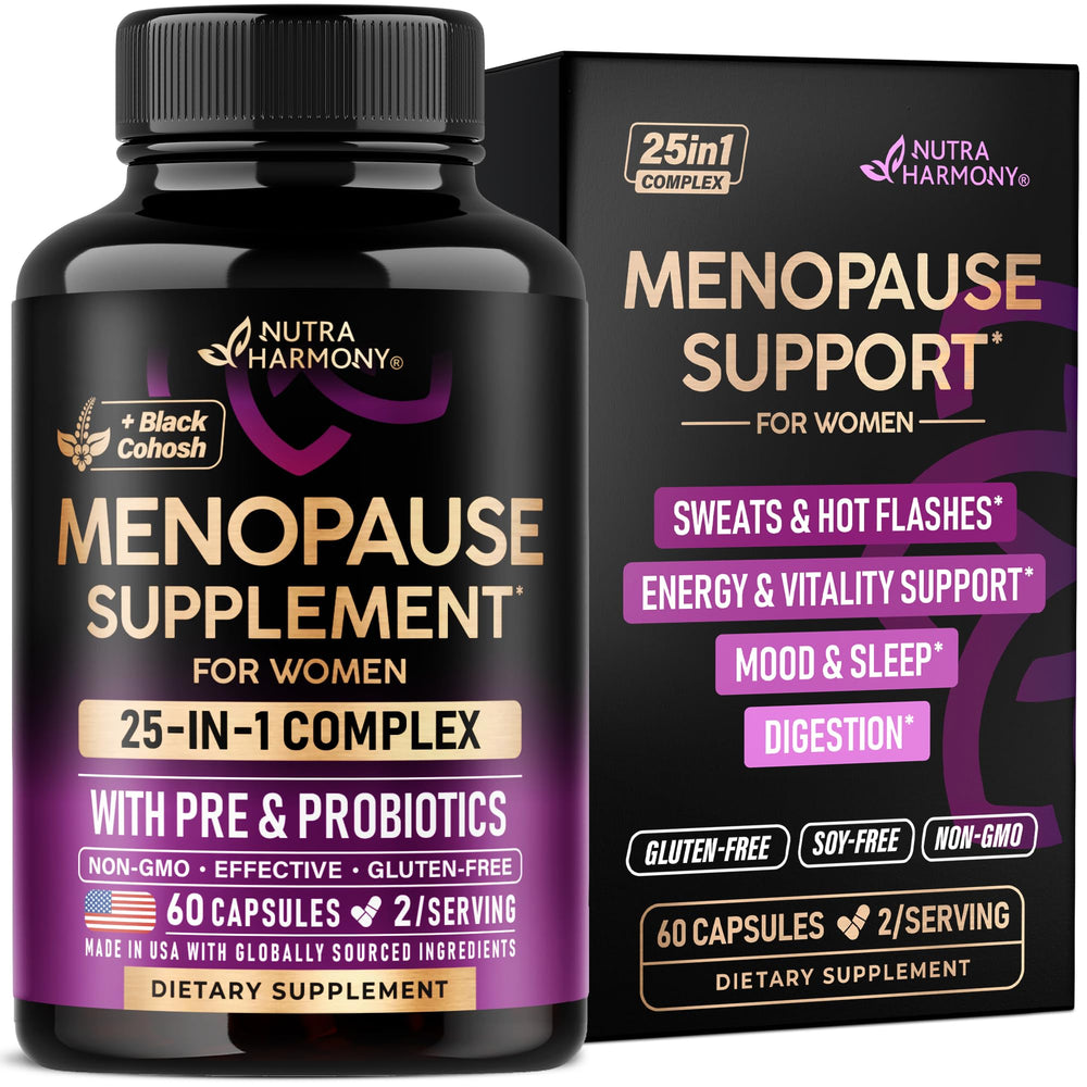 NutraHarmony menopause bottle pour shows easy daily use for balanced energy.