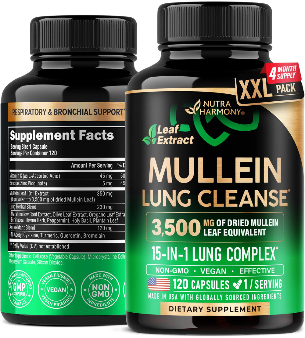 NutraHarmony Mullein Leaf Extract Capsules shown for daily lung support and respiratory wellness.