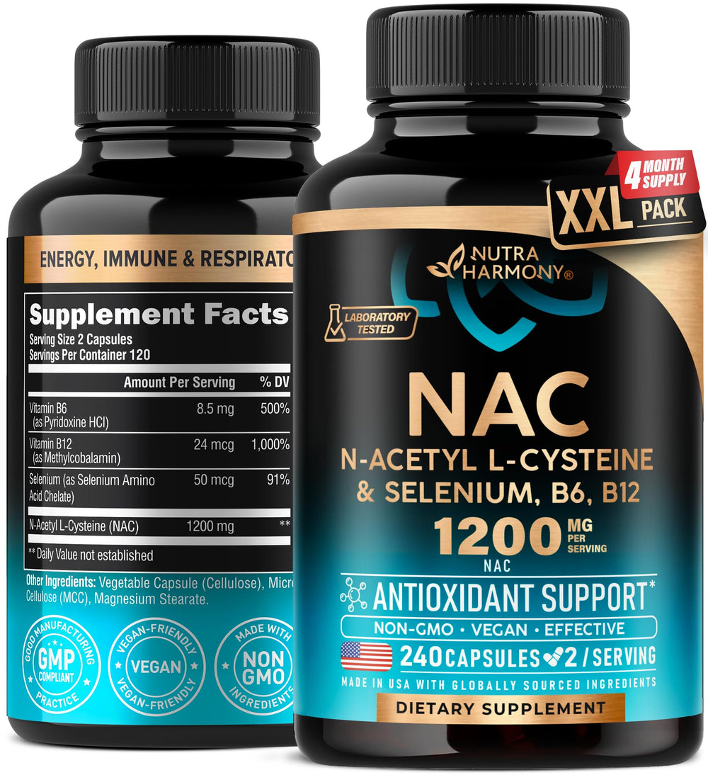 NutraHarmony NAC supplement bottle highlights antioxidant support for daily wellness.