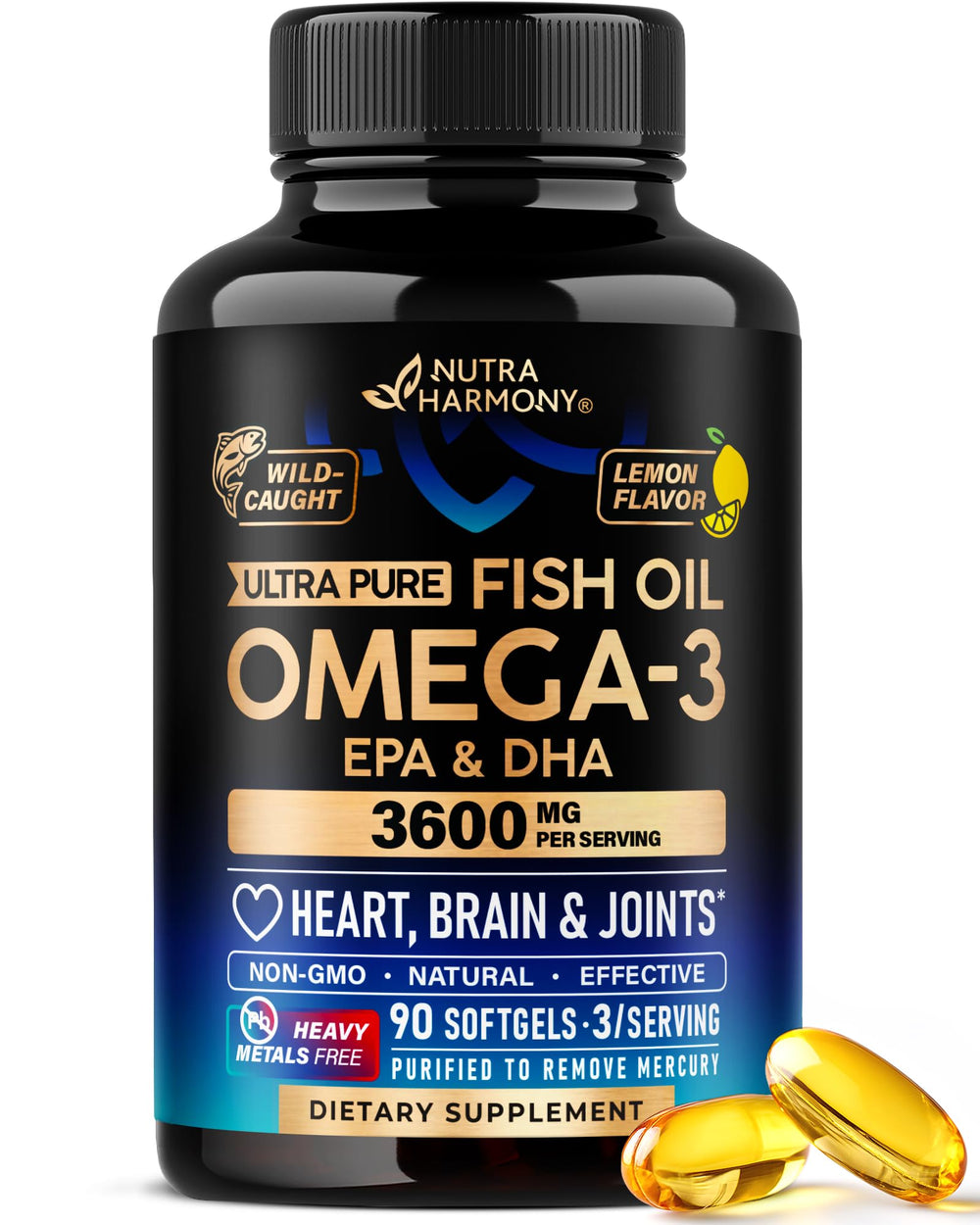 NutraHarmony Omega-3 3600mg bottle promoting heart and brain health.
