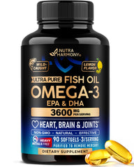 NutraHarmony Omega-3 3600mg bottle promoting heart and brain health.