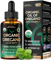 NutraHarmony oregano oil drops bottle close-up highlighting immune support and digestion.