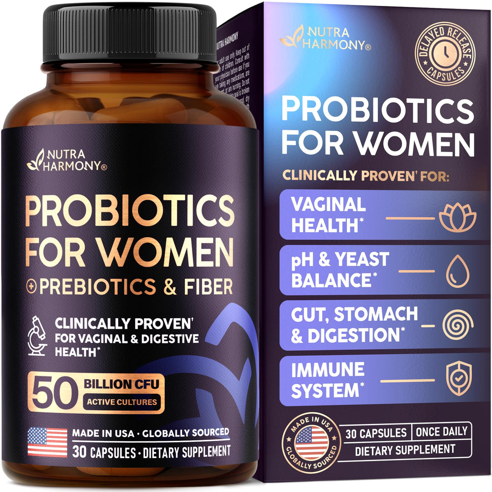 NUTRAHARMONY Probiotics for Women bottle with capsules, highlighting 50B CFU potency for daily balance