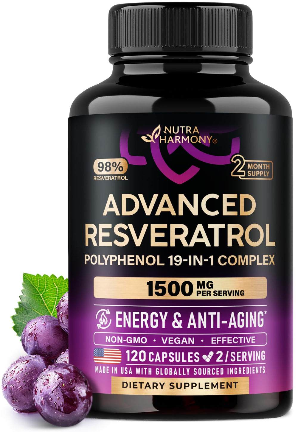 NutraHarmony Resveratrol capsules bottle close-up highlighting antioxidant support for daily vitality.