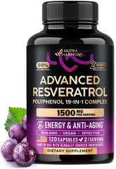 NutraHarmony Resveratrol capsules bottle close-up highlighting antioxidant support for daily vitality.