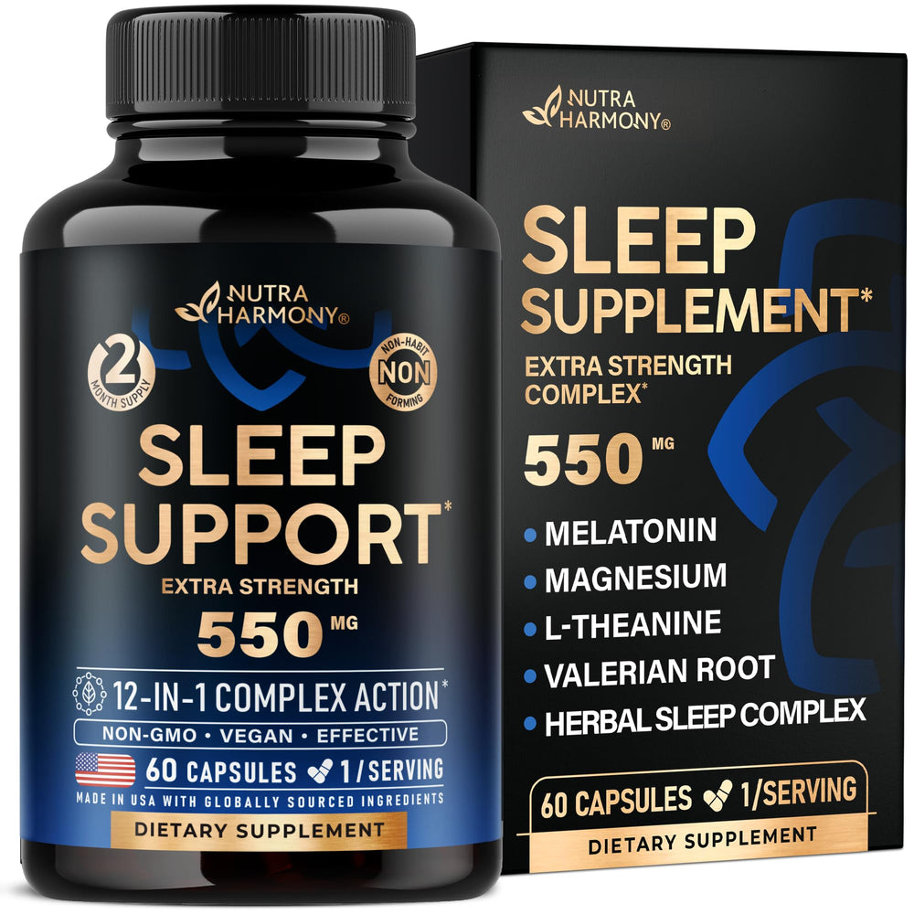 NutraHarmony sleep pills for adults 550mg bottle promoting calm nights