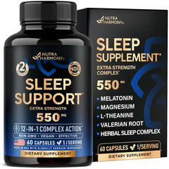 NutraHarmony sleep pills for adults 550mg bottle promoting calm nights