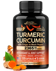 NUTRAHARMONY Turmeric Curcumin bottle label highlighting brand and premium blend for joint support.