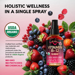 Nutraharmony vegan B12 liquid close-up with berry flavor.
