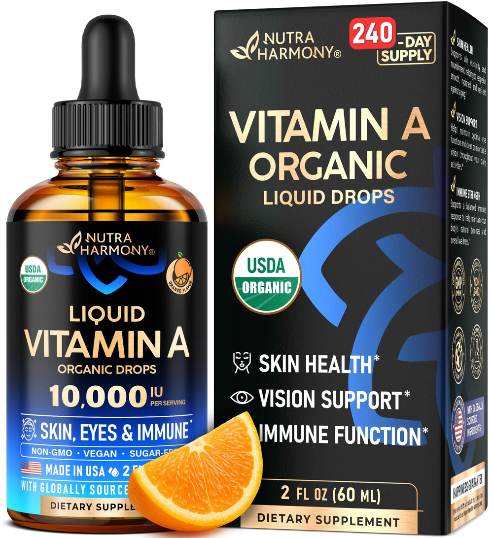 NutraHarmony Vitamin A Drops bottle highlights organic formula for daily skin and eye care.