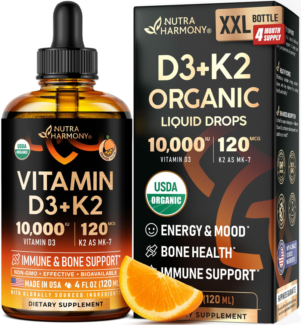 NUTRAHARMONY vitamin d3-k2 drops bottle showcases high potency for bone support.