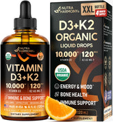 NUTRAHARMONY vitamin d3-k2 drops bottle showcases high potency for bone support.