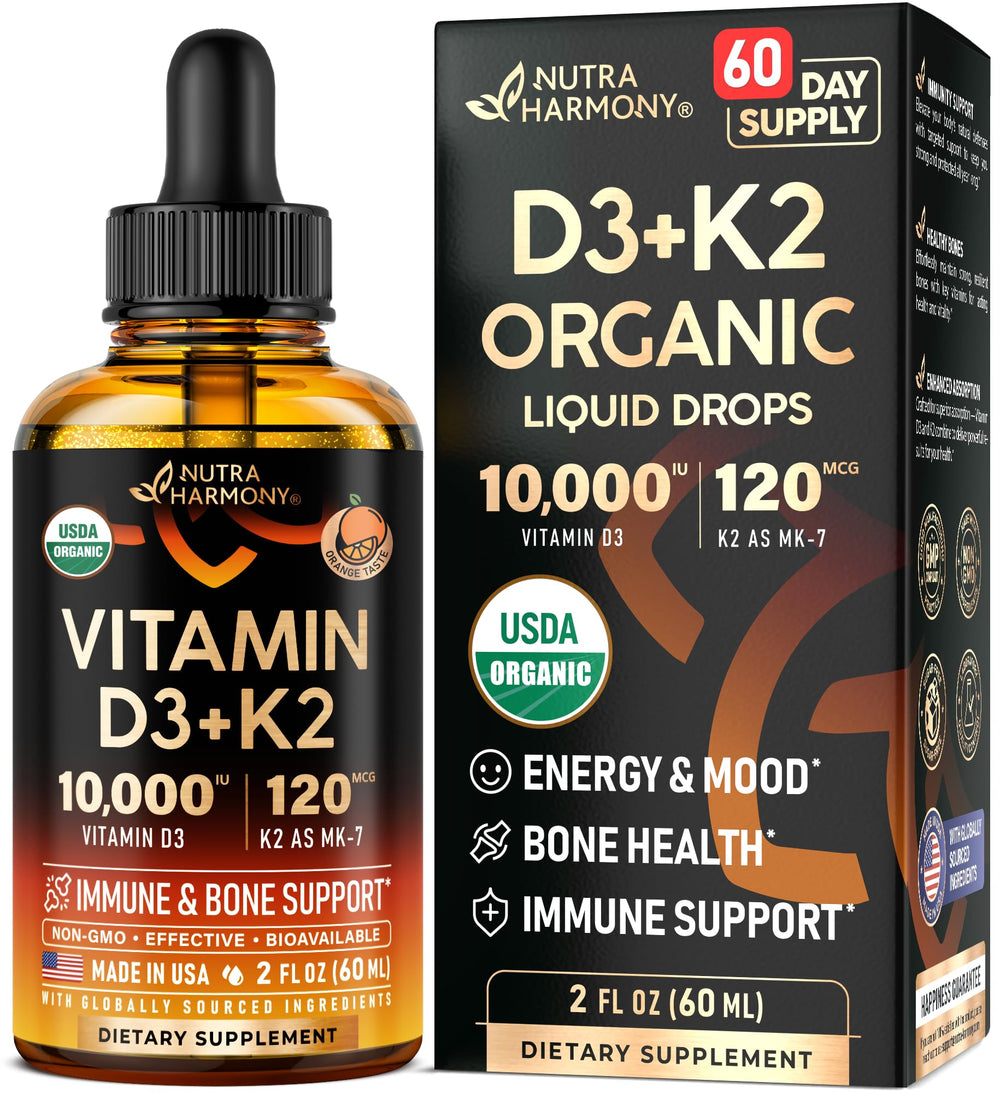 NutraHarmony Vitamin D3 MK-7 drops bottle showing high-potency bone support.