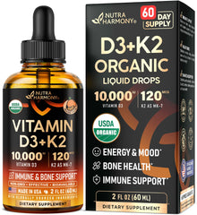 NutraHarmony Vitamin D3 MK-7 drops bottle showing high-potency bone support.