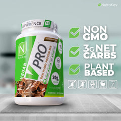 NutraKey V-Pro chocolate shake glass with creamy vegan protein.