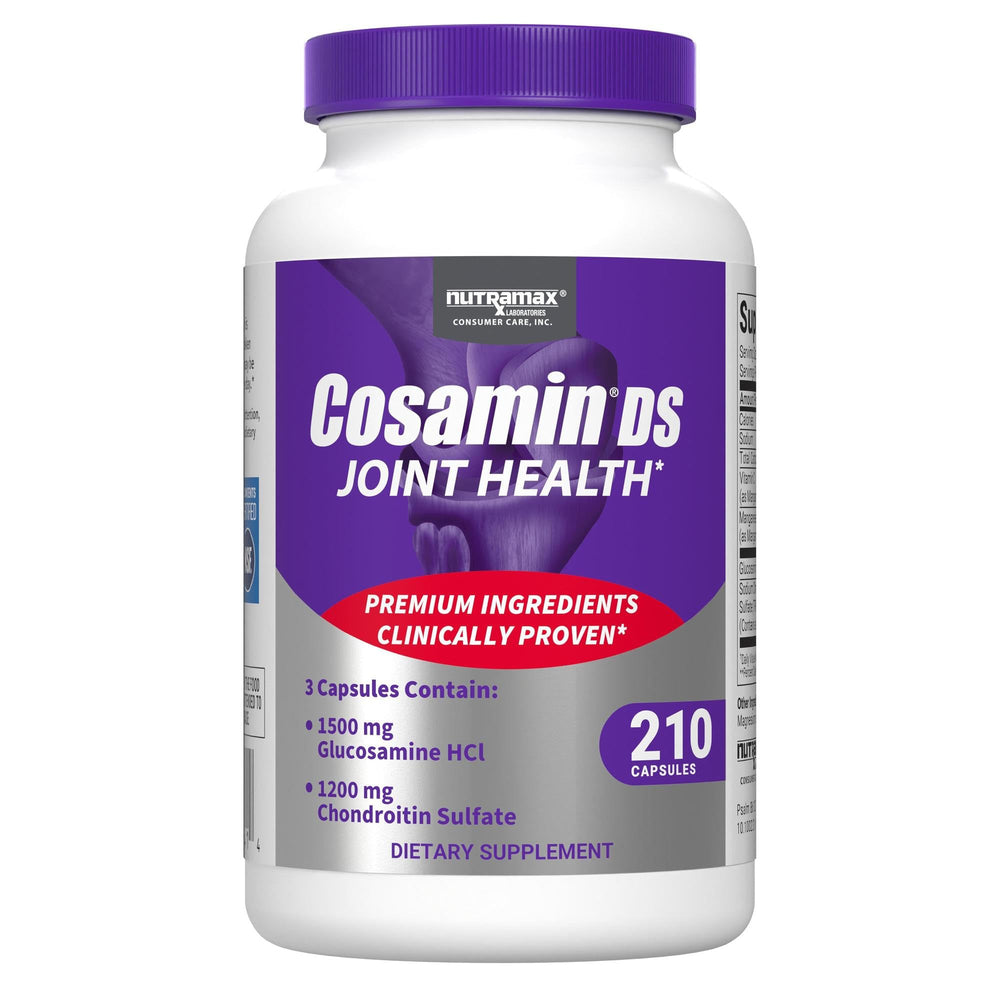 Nutramax Cosamin DS bottle front highlighting glucosamine and chondroitin for joint comfort