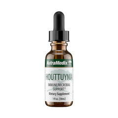 NutraMedix Houttuynia bottle pour shows easy daily tincture usage for gut and immune support.