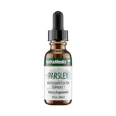 NutraMedix Parsley liquid bottle pouring for easy daily detox support.