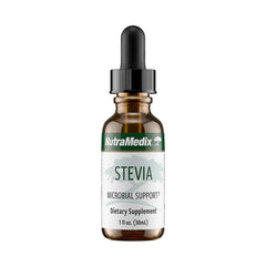 NutraMedix Stevia liquid drops bottle shows natural sweetness with microbial support.