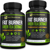 NUTRAMODE Premium Green Tea Extract bottle signals energy support and fat management.