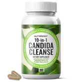 NutraPep Candida Cleanse bottle pouring capsules to support daily gut balance