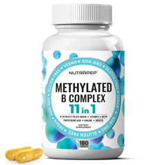 NutraPep Methylated B Complex bottle-front shows vegan, gluten-free multivitamin support.