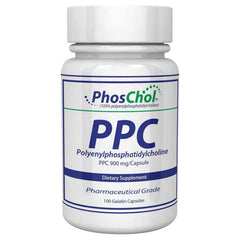 Nutrasal PhosChol 900mg bottle with gel capsules highlighting PPC from soy lecithin for daily lipid support.