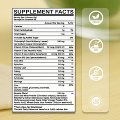 Nutrastaste Chlorophyll Gummies label close-up showing ingredients and vegan formula