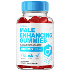 Nutravia Male Enhancing bottle shows convenient gummies for energy and stamina support.