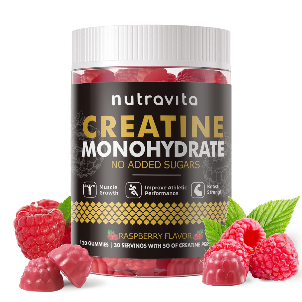 Nutravita Creatine Monohydrate Gummies bottle with raspberry flavor for daily use