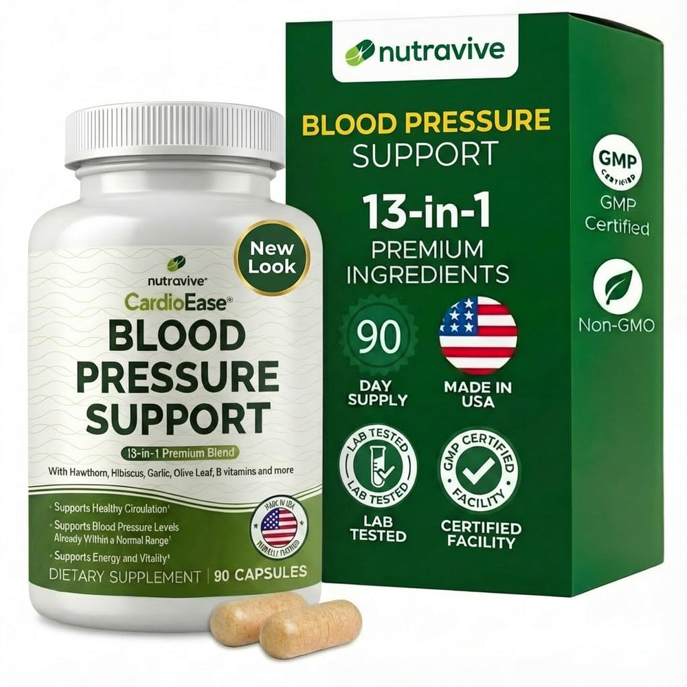 Nutravive Blood Pressure瓶 closeup showing quality capsules for daily support.