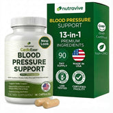 Nutravive Blood Pressure瓶 closeup showing quality capsules for daily support.