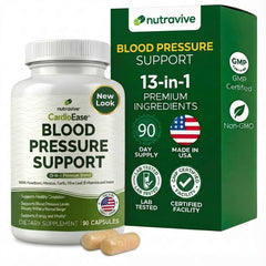 Nutravive Blood Pressure瓶 closeup showing quality capsules for daily support.