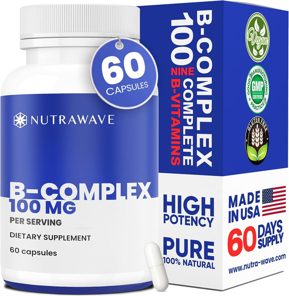 Nutra Wave Vitamin B Complex bottle with capsules for daily energy support.